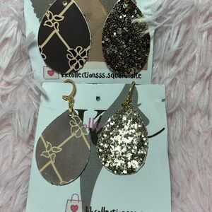 Brown & Gold Glitter Teardrop Faux Leather Earrings